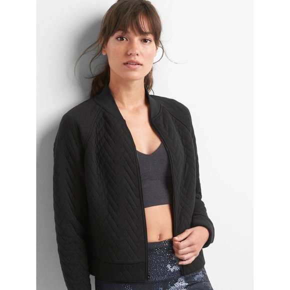GAP Jackets & Blazers - GapFit  Black Jacquard Bomber Zip Up Boxy Crop Jacket